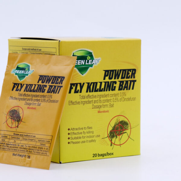 GREEN LEAF Fly Killing Bait Powder, 0.5% Dinotefuran Fly Killer Bait, 5g Per Sachet, 20 Bags Per Box, Indoor Fly Control - 1 Box