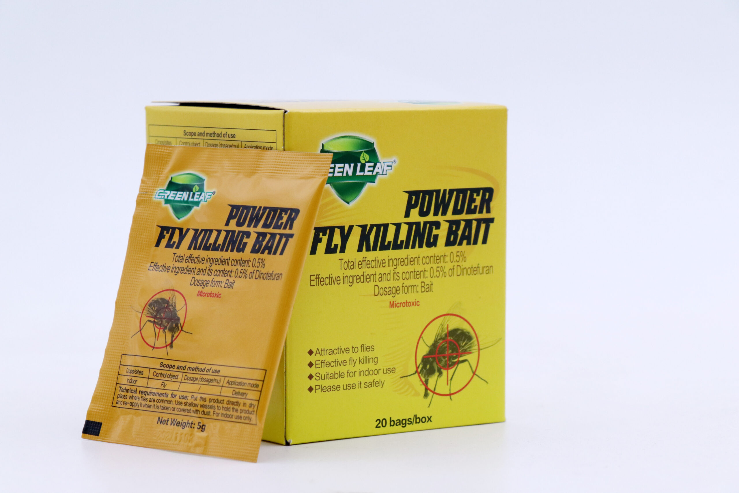 IMG_2314 GREEN LEAF Fly Killing Bait Powder, 0.5% Dinotefuran Fly Killer Bait, 5g Per Sachet, 20 Bags Per Box, Indoor Fly Control - Image 1