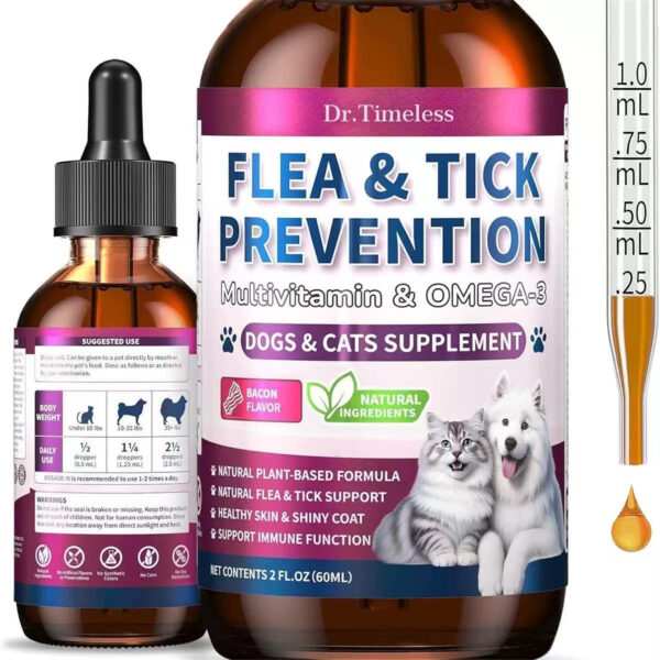 Flea & Tick Prevention Drops for Dogs & Cats | Natural Oral Supplement with Omega-3 & Multivitamins | Bacon Flavor | 2 fl oz (60mL) - 5 Bottle