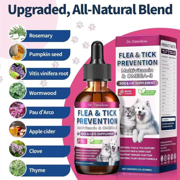 Flea & Tick Prevention Drops for Dogs & Cats | Natural Oral Supplement with Omega-3 & Multivitamins | Bacon Flavor | 2 fl oz (60mL) - 1-bottle