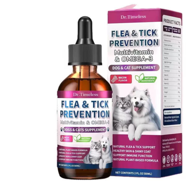 Flea & Tick Prevention Drops for Dogs & Cats | Natural Oral Supplement with Omega-3 & Multivitamins | Bacon Flavor | 2 fl oz (60mL)